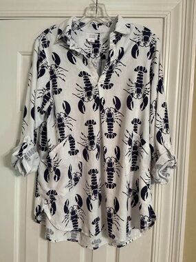 Sigrid Olsen Navy & White Lobster Print Linen Tunic, Relaxed Fit Size Small